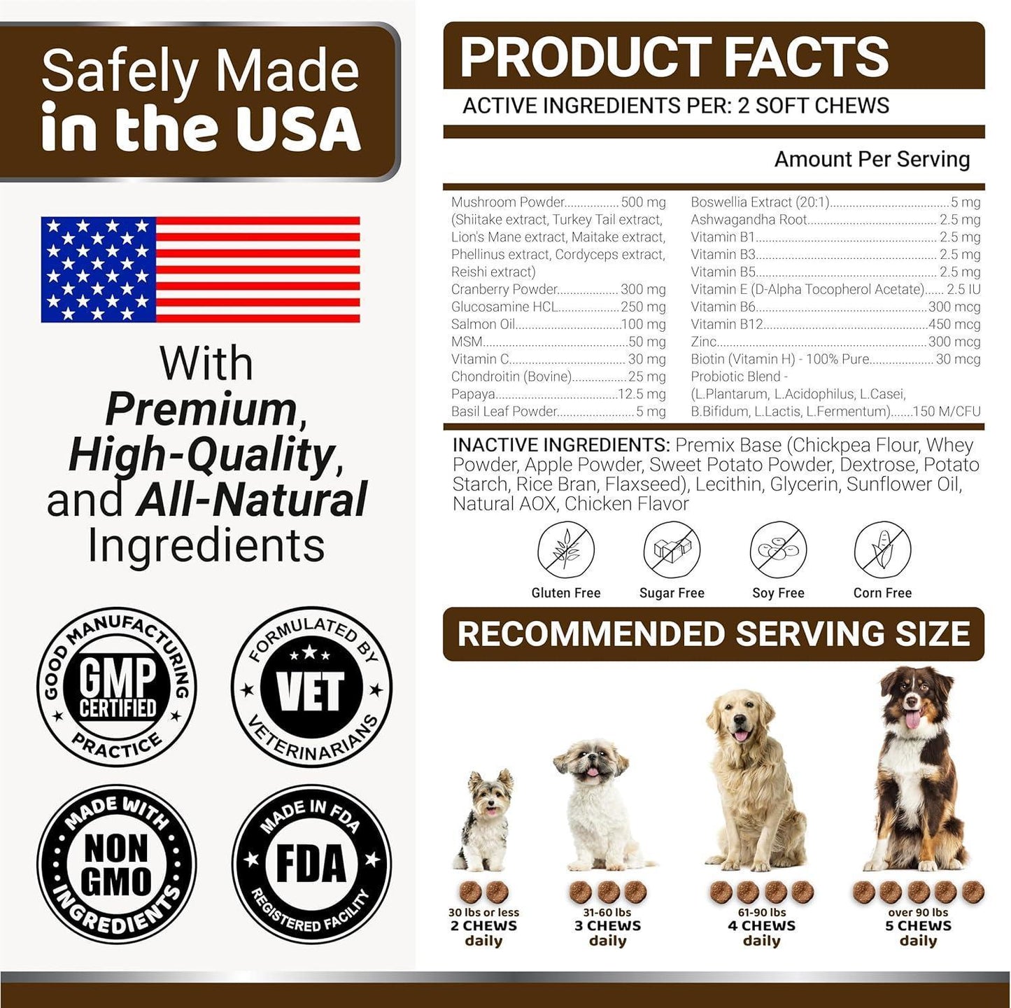 YUMA'S Turkey Tail Mushroom Dog Vitamins and Supplements for Dogs. 170 Chews For Pet With Love
