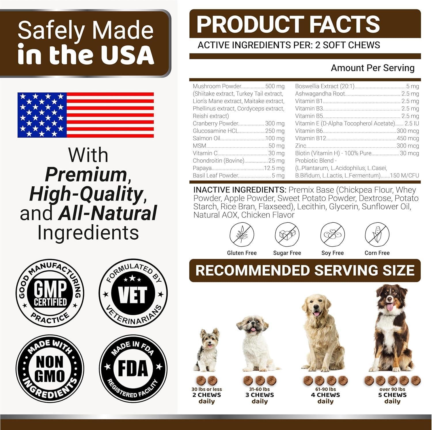 YUMA'S Turkey Tail Mushroom Dog Vitamins and Supplements for Dogs. 170 Chews For Pet With Love