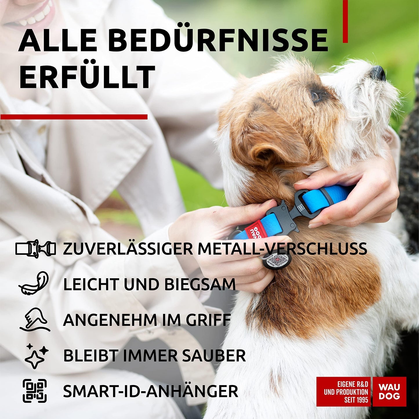 WAUDOG Adjustable Waterproof Heavy Duty Dog Collar with Durable Metal Clasp and QR Dog Tag. SMALL (Blue) For Pet With Love