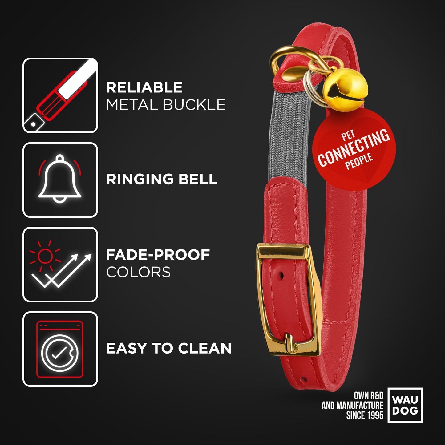 WAUDOG Ultra Soft Rolled Leather Cat Collar with Removable Bell Safety Elastic Strap and QR ID Tag. Red. (SMALL) For Pet With Love
