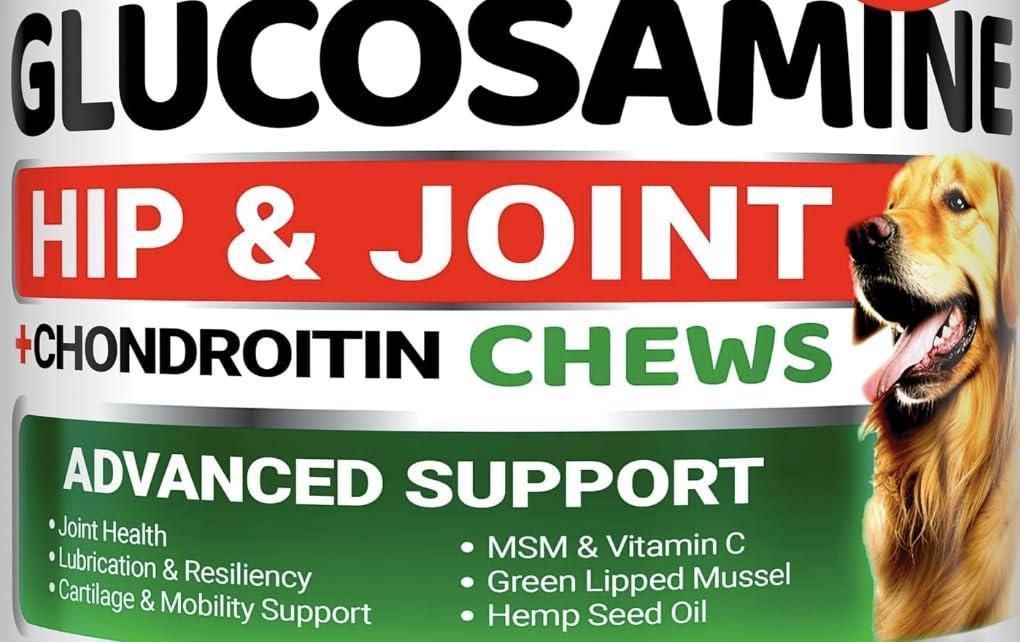 Glucosamine hip and joint chews for dogs with a dog on the label