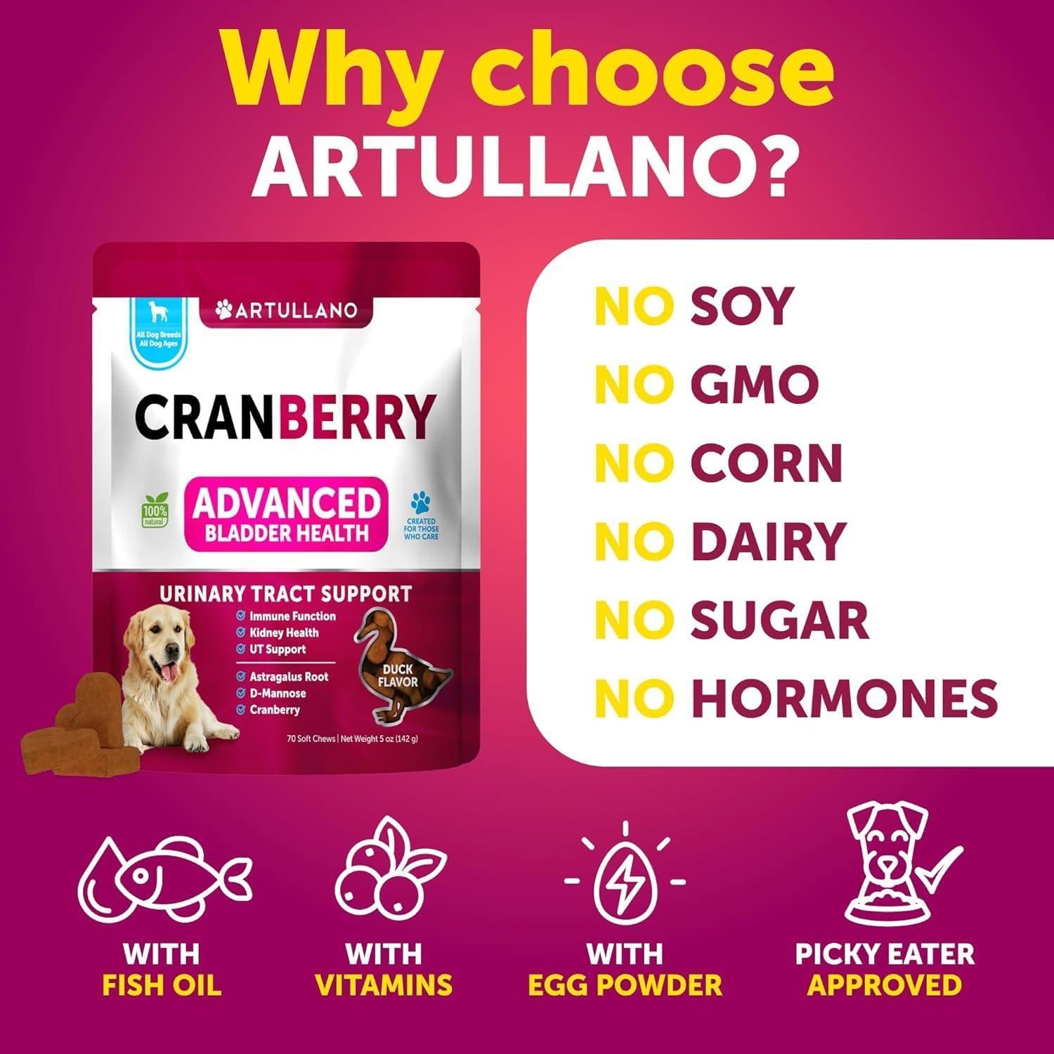Artullano Cranberry Dog UTI Treatment & Bladder Control, Kidney Support with Fish Oil 70 Chews For Pet With Love