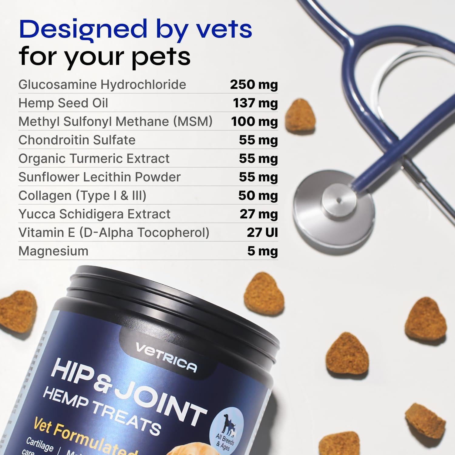 VETRICA Canine Hip & Joint Supplement with Hemp & Glucosamine 130 Chews For Pet With Love
