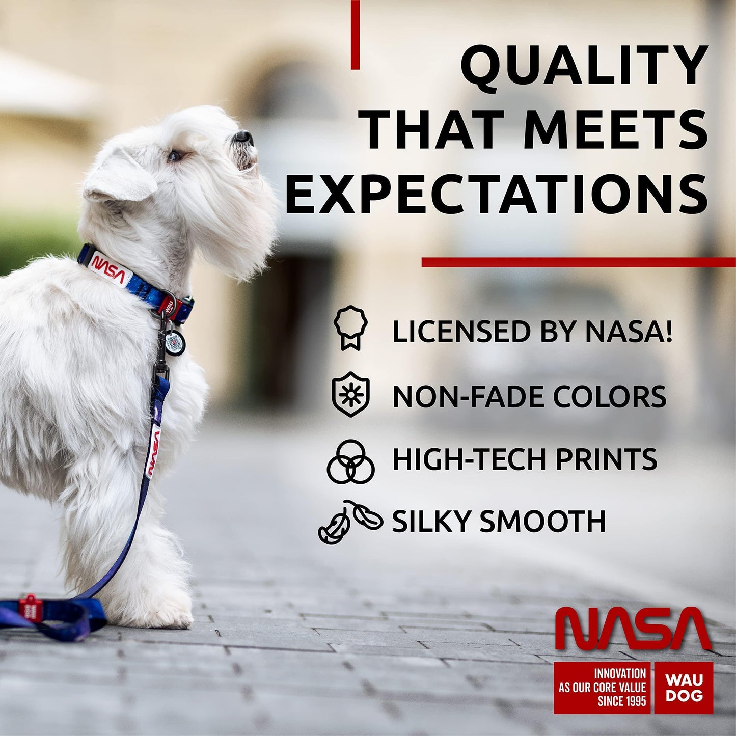 WAUDOG Adjustable Nylon Dog Collar with Durable Plastic Buckle and QR Dog Tag. MEDIUM (NASA-2 Print) For Pet With Love
