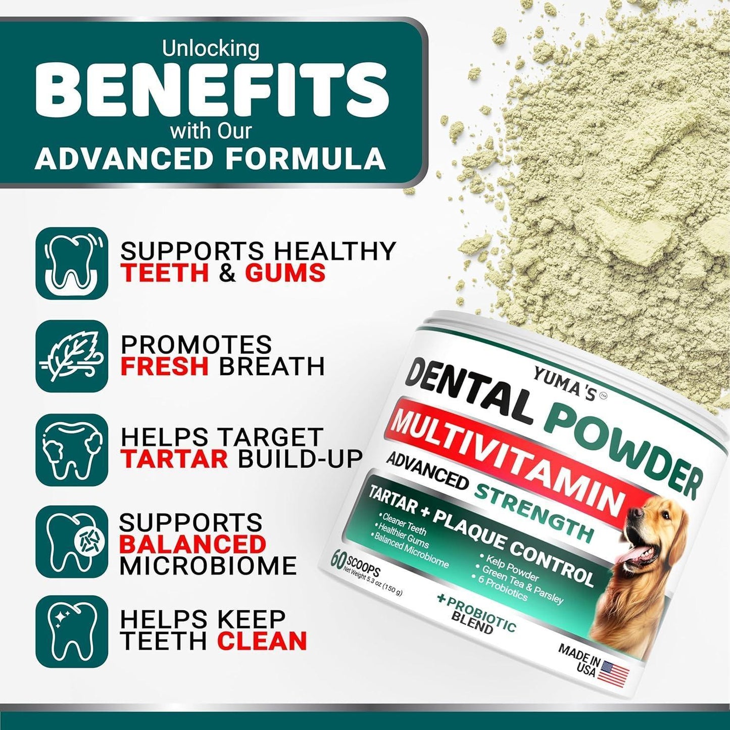 YUMA'S Breath Freshener with Multivitamin Dog Teeth Cleaning Dental Powder. Tartar and Plaque Control with Probiotics Immune Support for Dogs For Pet With Love