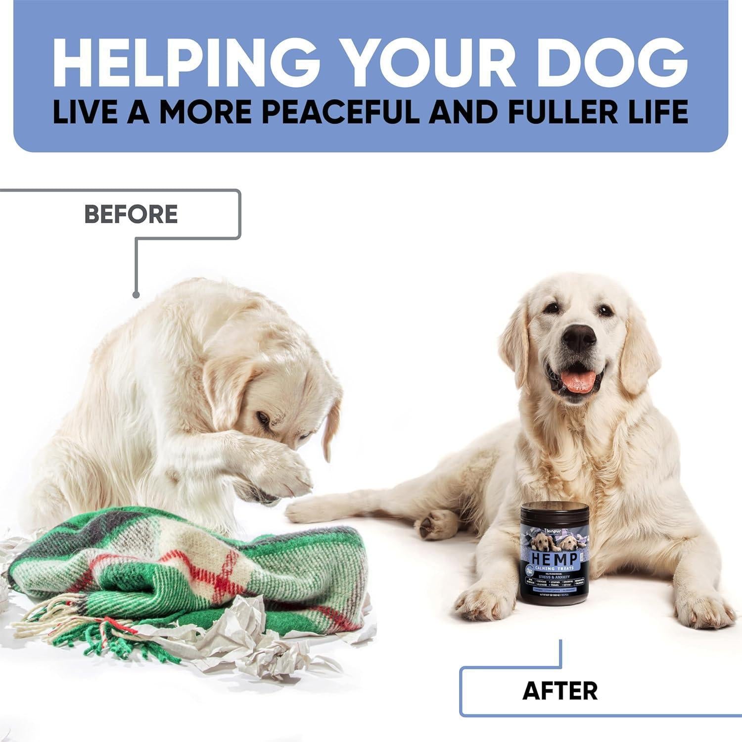 Kinpur Pet Care Calming Chews for Dogs with Hemp Oil  180 Peanut Butter Flavored Chews For Pet With Love