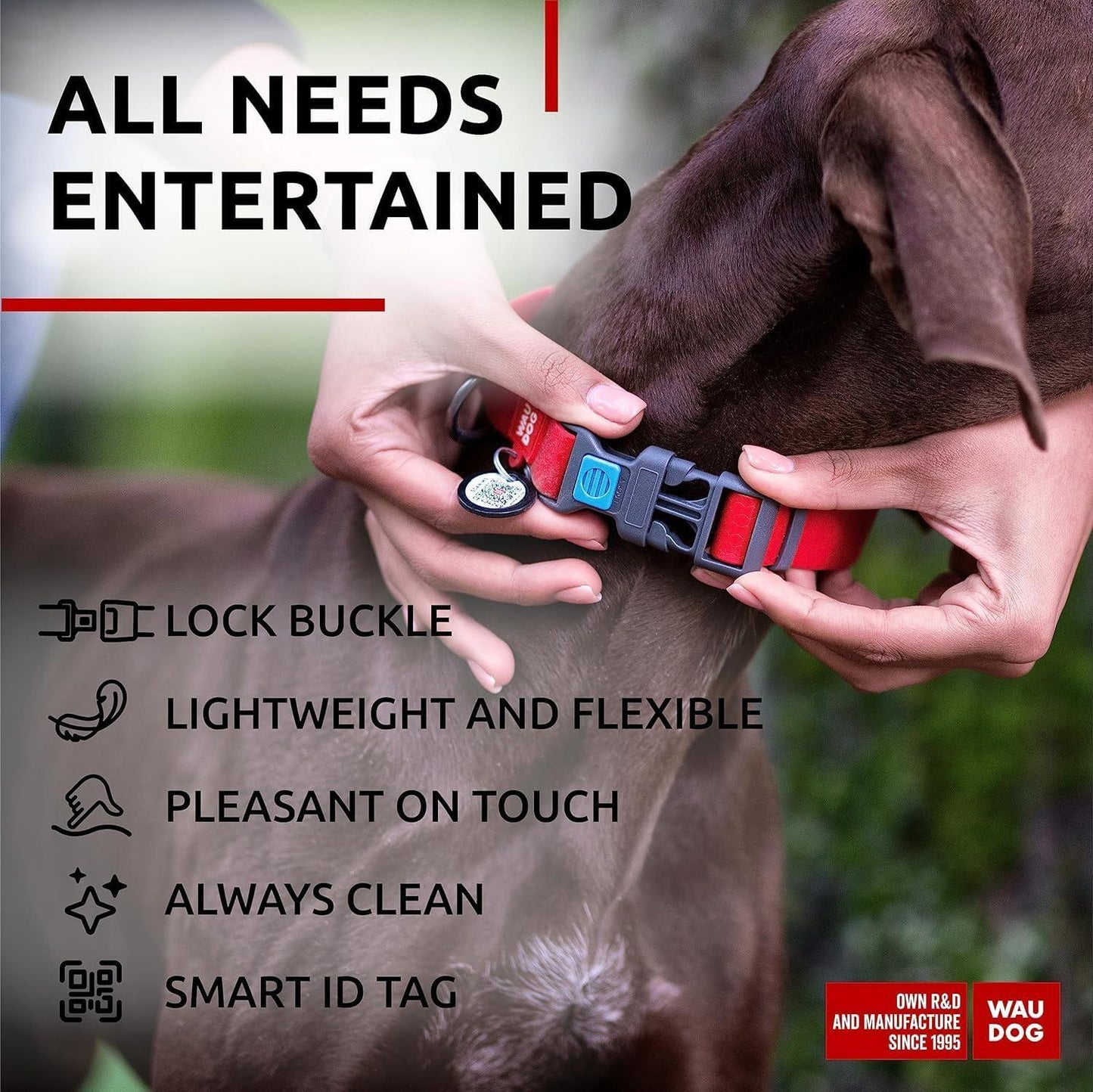 WAUDOG Adjustable Waterproof Heavy Duty Dog Collar with Durable Plastic Buckle and QR Dog Tag. XXLARGE (Red) For Pet With Love