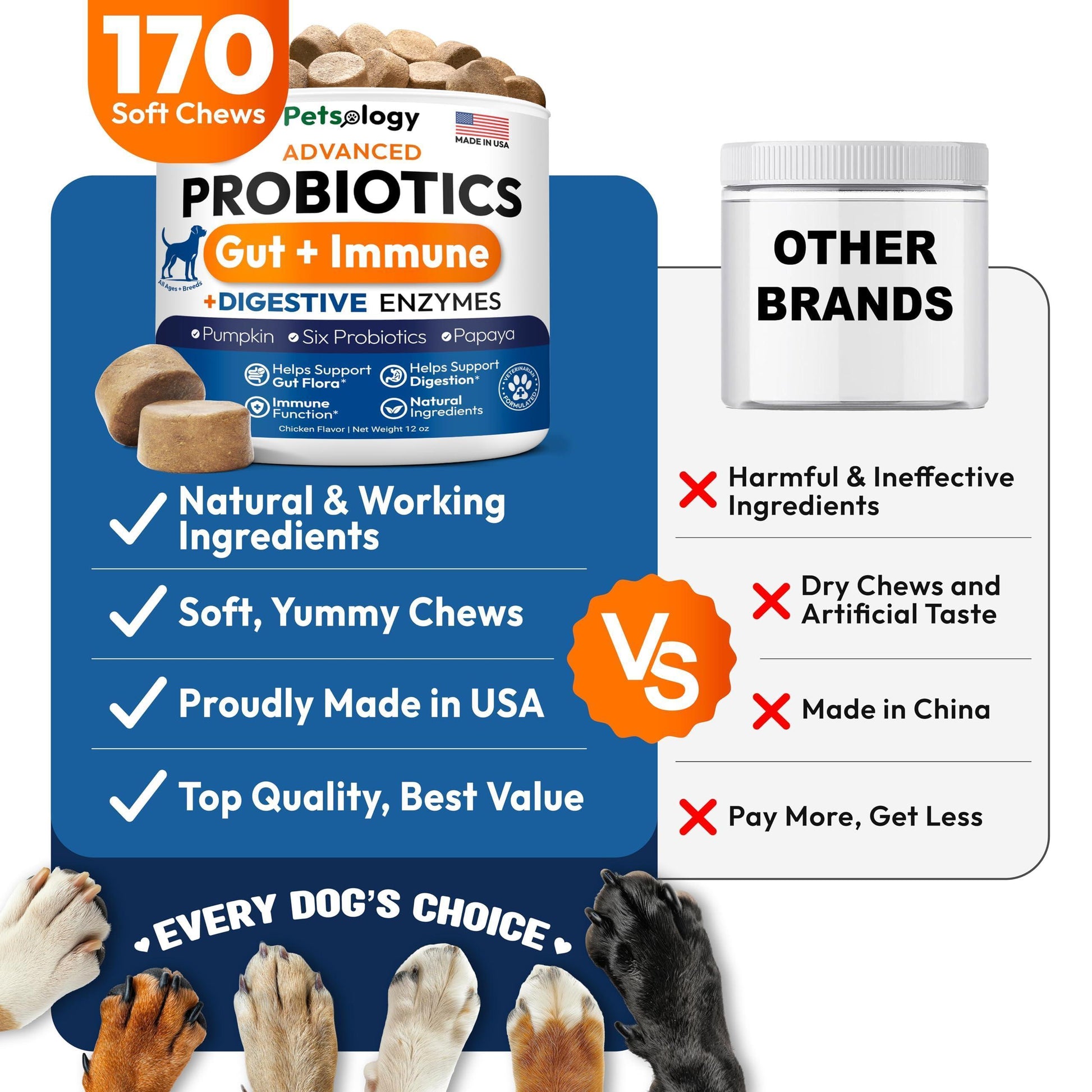 PETSOLOGY Digestive Enzymes & Prebiotics Supplement for Dogs 170 Chews For Pet With Love