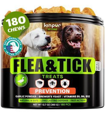Kinpur Pet Care Flea and Tick Prevention Chewable Treatment for Dogs 180 Chews. Duck Flavor For Pet With Love