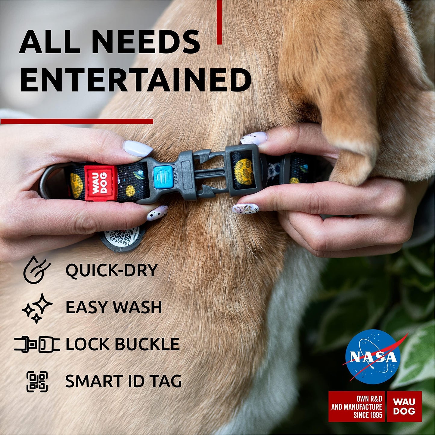 WAUDOG Adjustable Nylon Dog Collar with Durable Plastic Buckle and QR Dog Tag. MEDIUM (NASA-1 Print) For Pet With Love