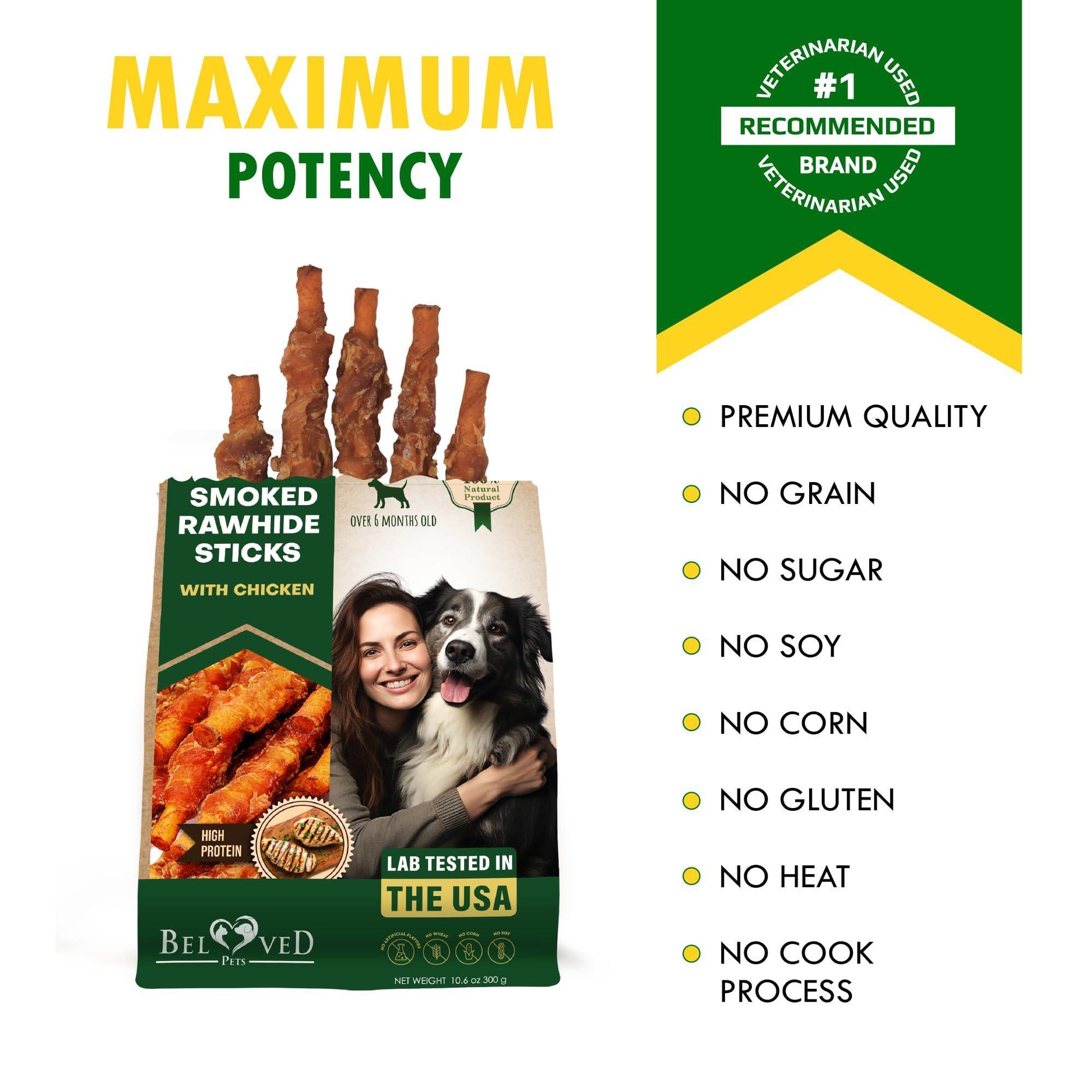 Beloved Pets Smoked Rawhide Sticks Wrapped with Chicken Dog Treats 10.6 Oz For Pet With Love