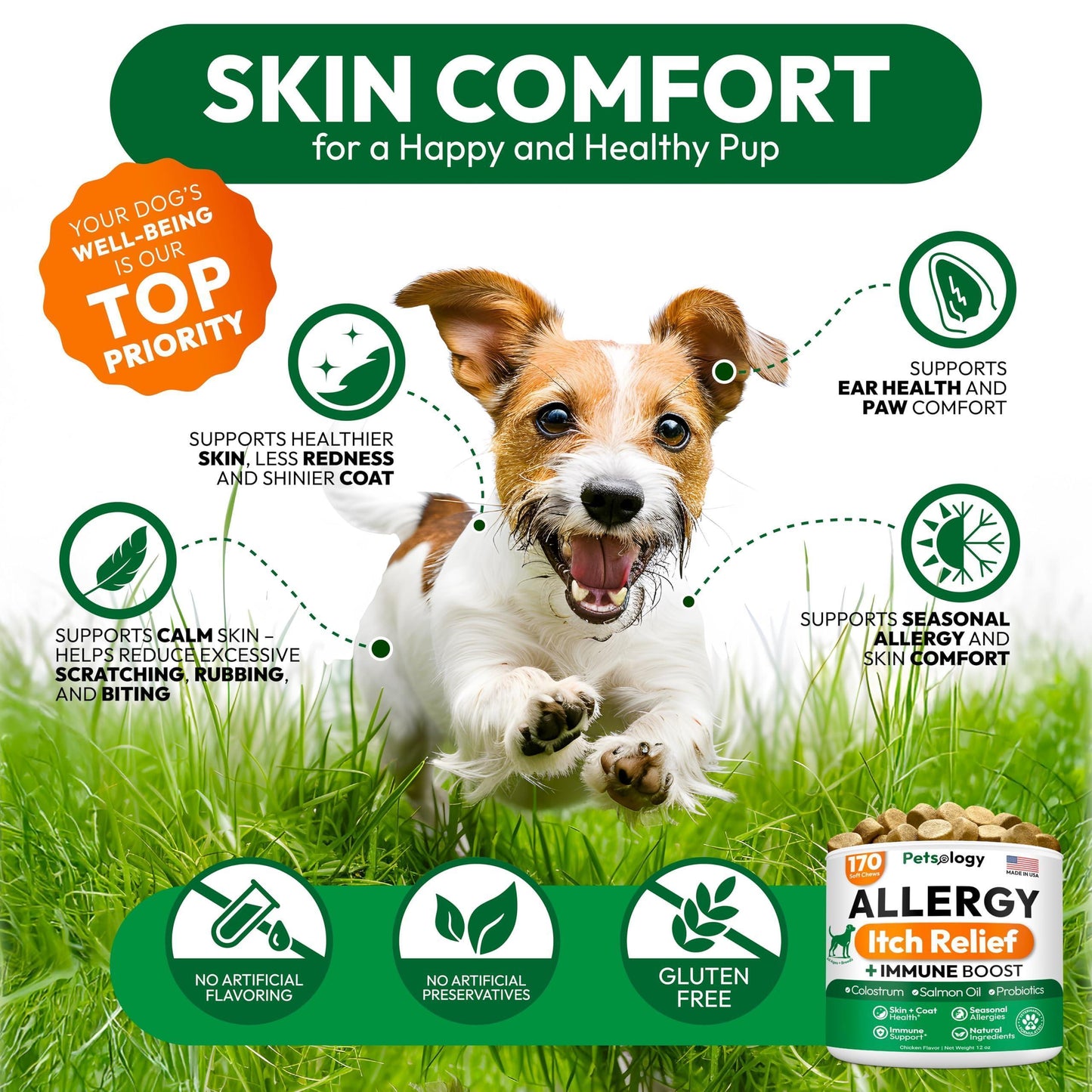 PETSOLOGY Dog Allergy Itching Relief Chews with Omega 3 Fish Oil Probiotics 170 Chews For Pet With Love