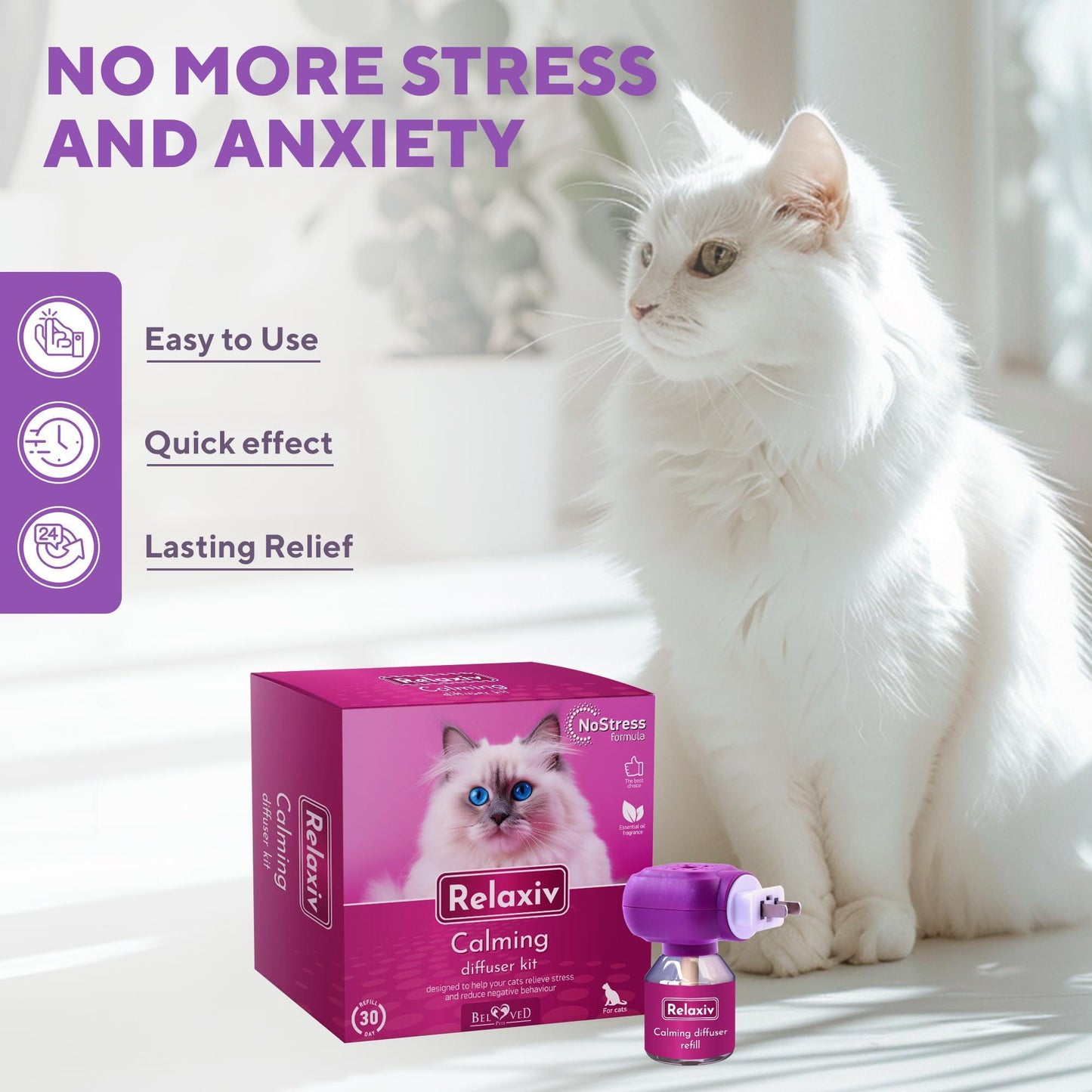 Beloved Pets RELAXIV Calming  & Anti Anxiety Cat Diffuser Refil. Feline Calming Pheromones. Cat Stress Relief & Comfort. 30-day Refill Bottle (6-pack) For Pet With Love