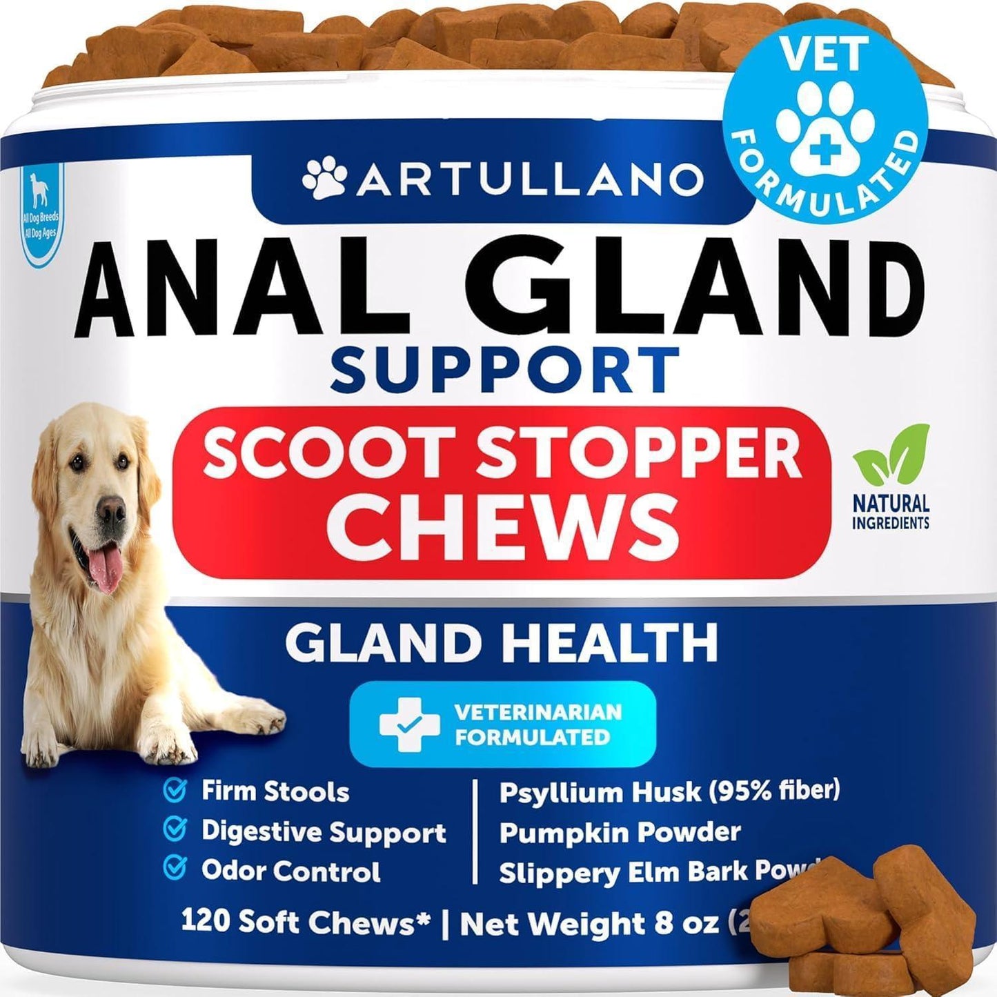 Artullano Anal Gland Support Chews for Dogs. Fiber Blend with Pumpkin Psyllium Slippery Elm Digestive Enzyme - 120 Chews For Pet With Love