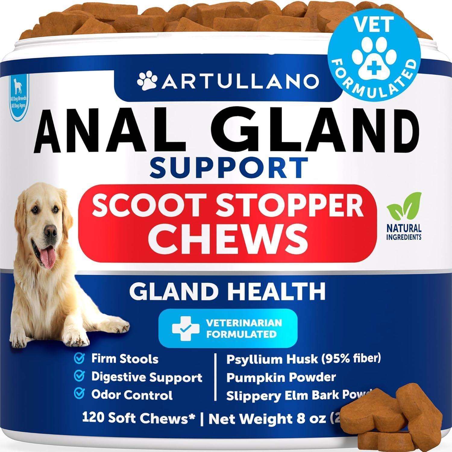 Artullano Anal Gland Support Chews for Dogs. Fiber Blend with Pumpkin Psyllium Slippery Elm Digestive Enzyme - 120 Chews For Pet With Love