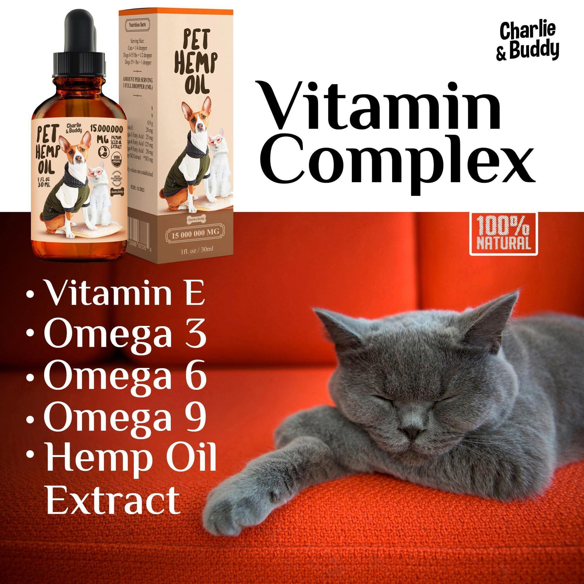 Charlie & Buddy Hemp Oil for Dogs and Cats. Hip and Joint Support and Skin Health Anxiety Calm. Omega 3, 6, 9, and Vitamins B, C, and E For Pet With Love