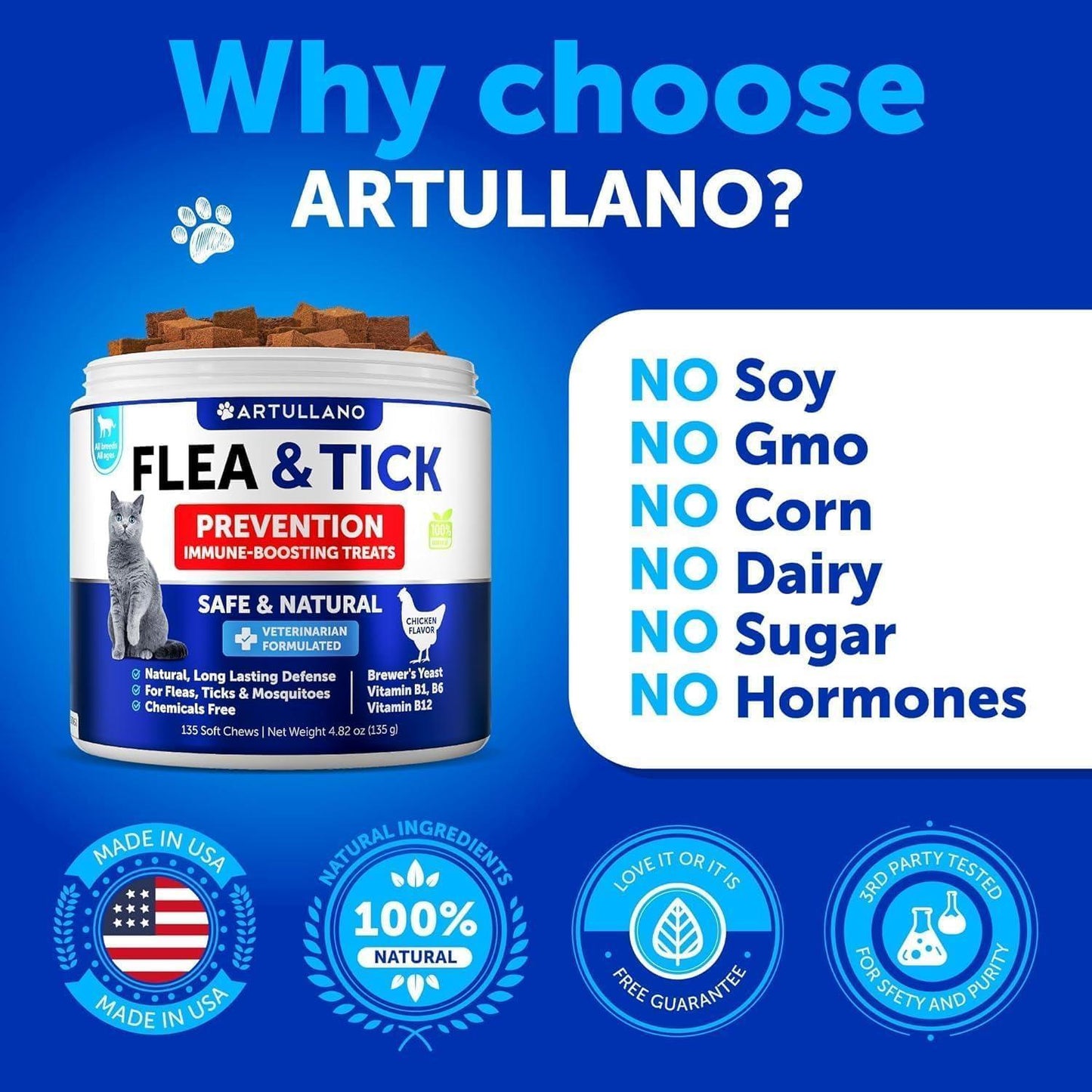 ARTULLANO Natural Flea and Tick Prevention Supplement for Cats. Chewable Daily Oral Pills with Vitamins (135 Soft Chews) Made in USA For Pet With Love