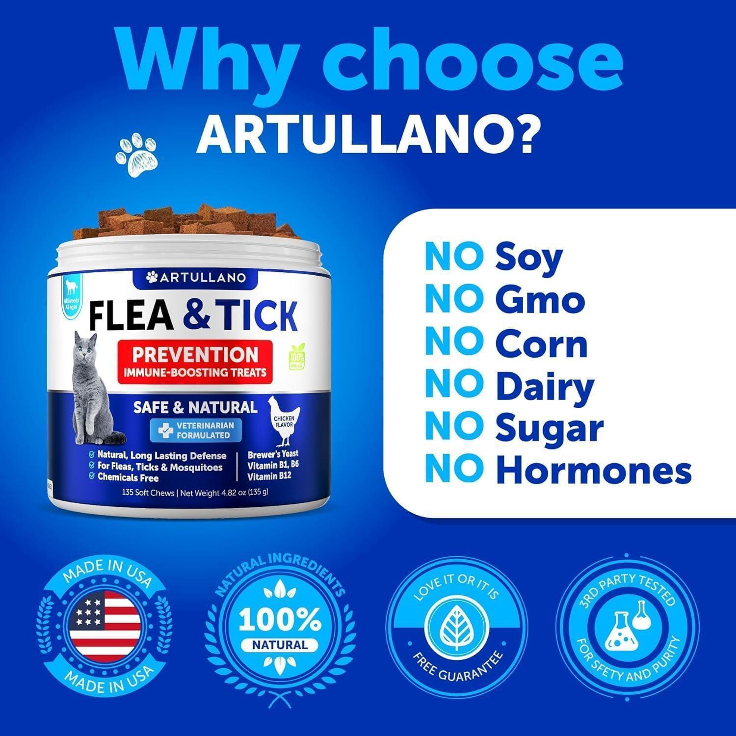 ARTULLANO Natural Flea and Tick Prevention Supplement for Cats. Chewable Daily Oral Pills with Vitamins (135 Soft Chews) Made in USA For Pet With Love
