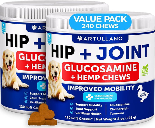 Artullano Glucosamine and Hemp Hip and Joint Mobility Support Supplement for Dogs. Joint Pain Relief with Chondroitin. 240 Chews (2 Pack) For Pet With Love