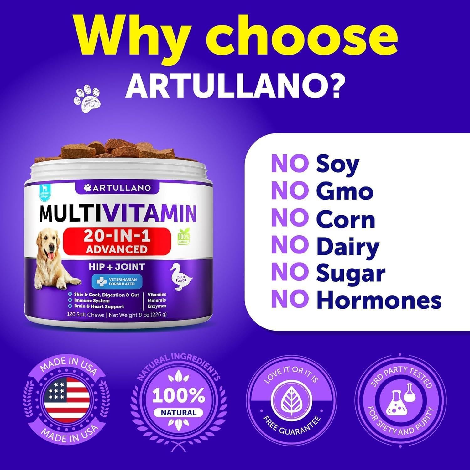 Artullano Dog Chewable 20in1 Multivitamin Supplement with Glucosamine 120 Chews For Pet With Love