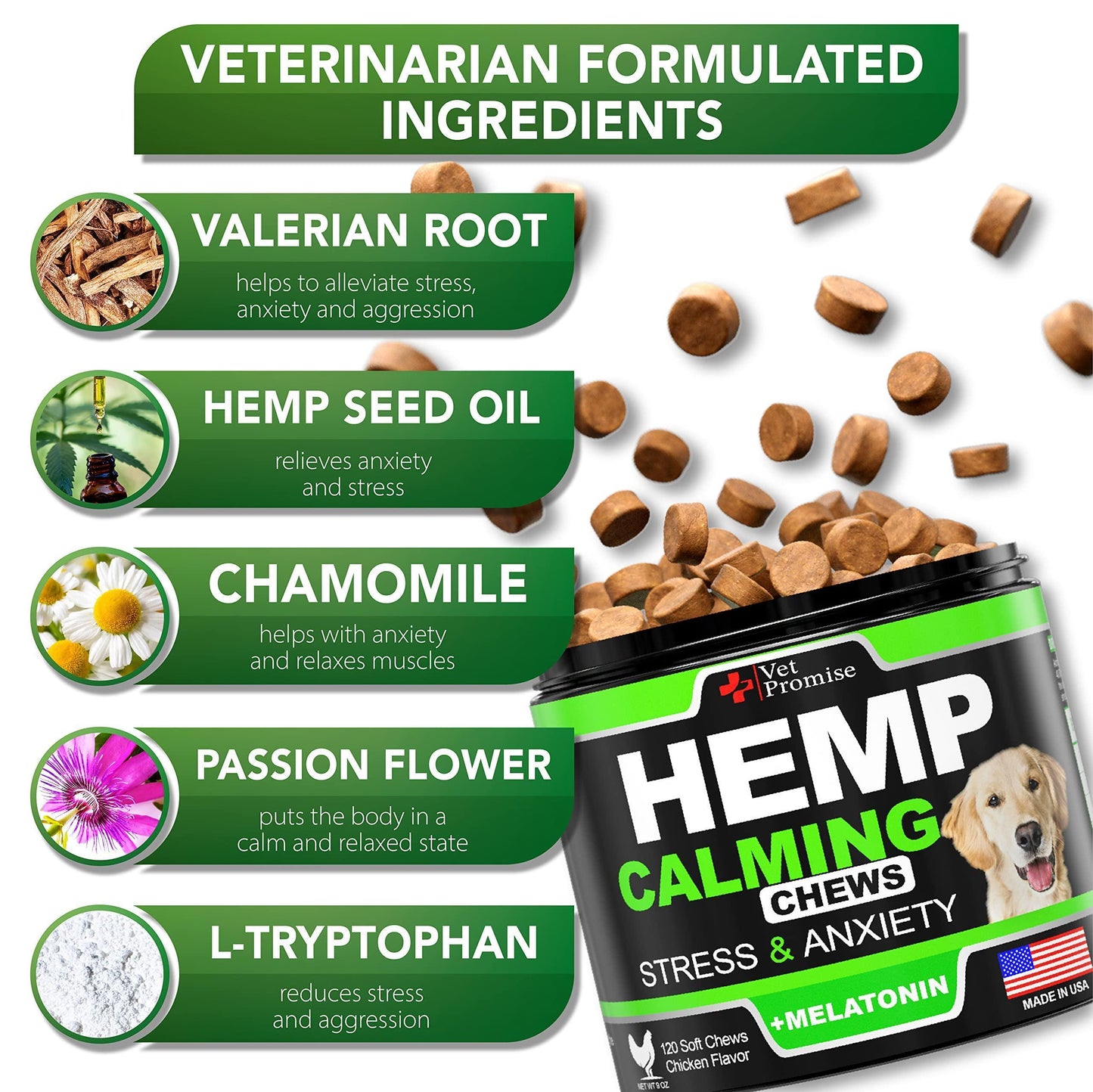 Vet Promise Hemp Oil Anxiety Relief Calming Chews for Dogs 120 Treats For Pet With Love