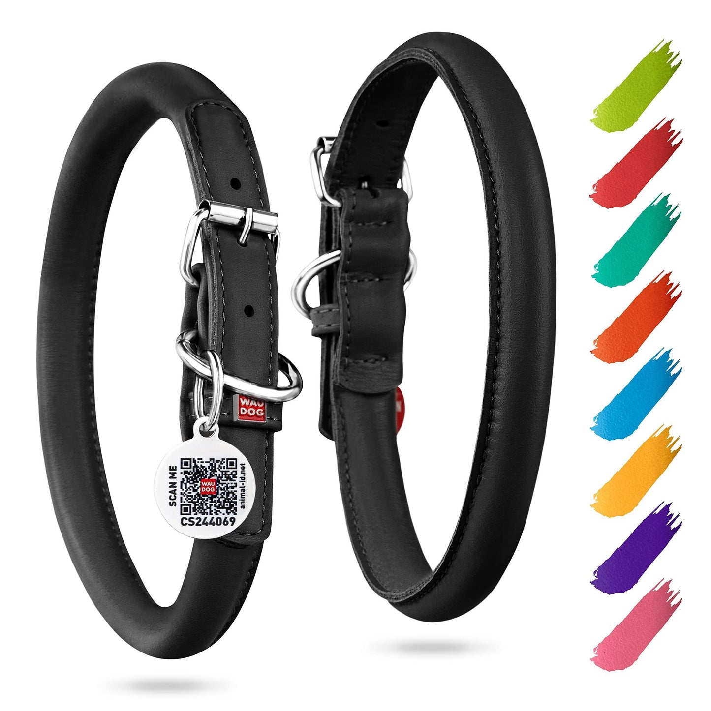 WAUDOG Ultra Soft Rolled Leather Soft Padded Dog Collar. BLACK. X-Small For Pet With Love