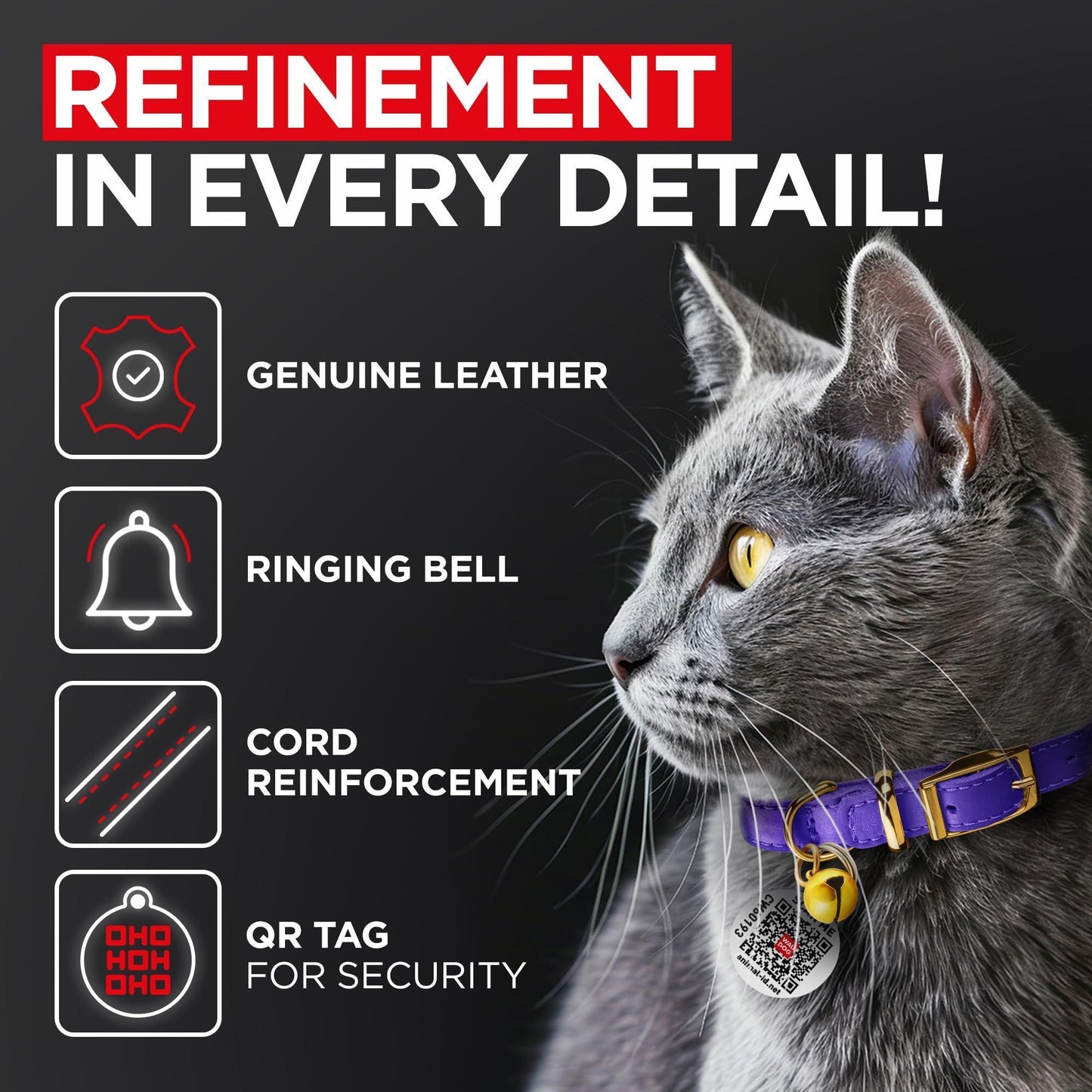 WAUDOG Leather Cat Collar with Removable Bell and QR ID Tag. PURPLE. MEDIUM. For Pet With Love