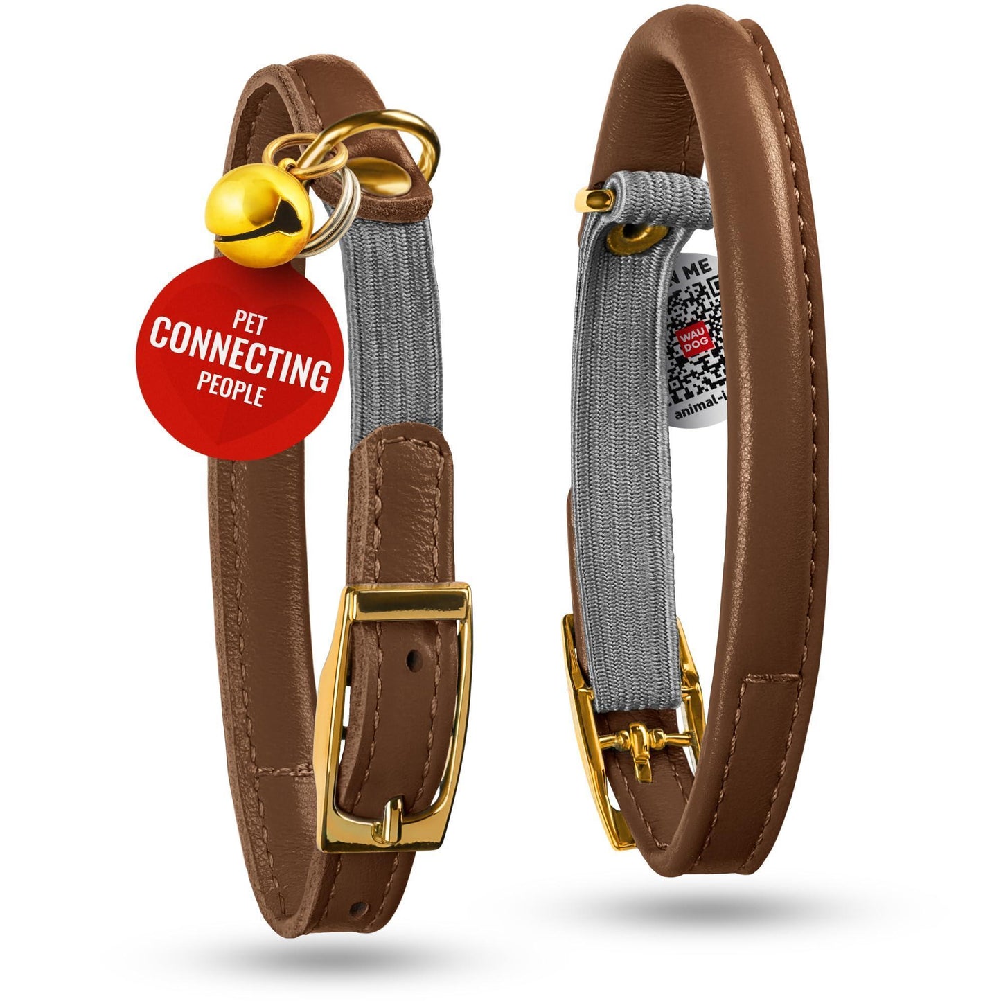 WAUDOG Ultra Soft Rolled Leather Cat Collar with Removable Bell Safety Elastic Strap and QR ID Tag. Brown. (Medium) For Pet With Love