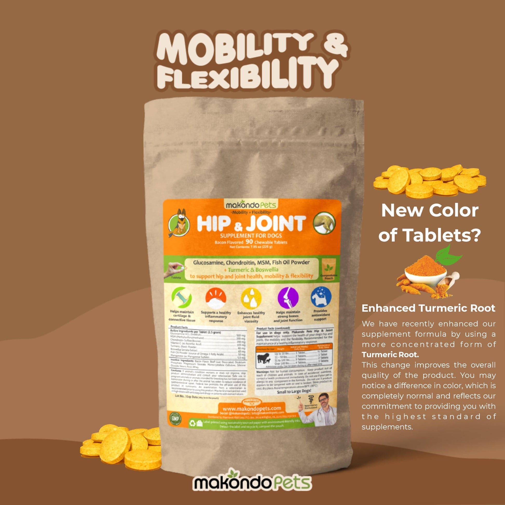 Makondo Pets Hip & Joint Mobility Support & Pain Relief Supplement for Dogs 90Ct For Pet With Love