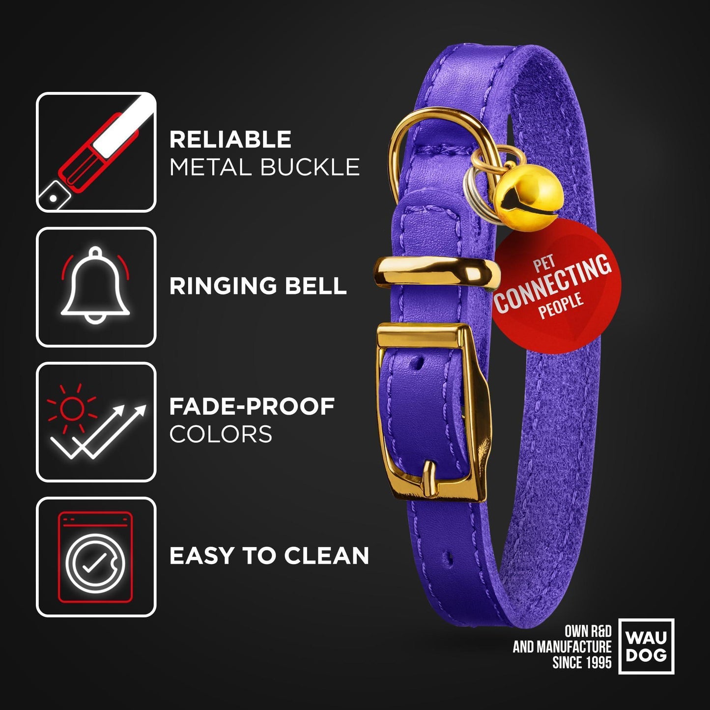 WAUDOG Leather Cat Collar with Removable Bell and QR ID Tag. PURPLE. MEDIUM. For Pet With Love