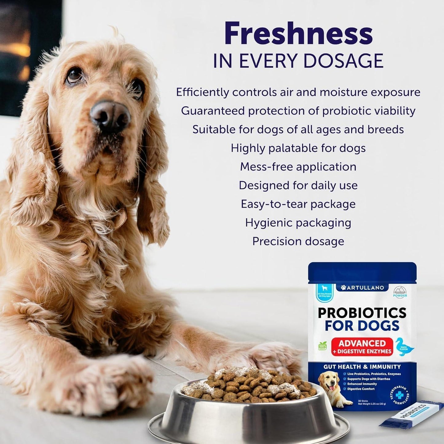 Artullano Probiotics and Digestive Enzymes with Prebiotics for Dogs 30 Powder Sticks For Pet With Love