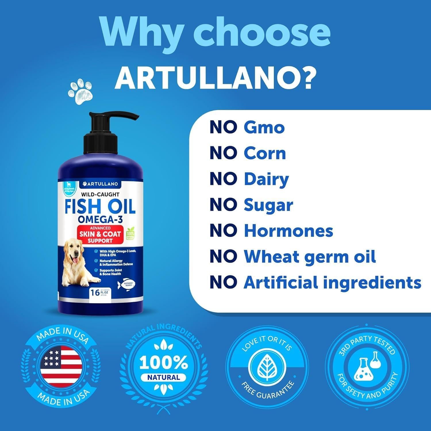 Artullano Omega 3 Fish Oil Dog Skin and Coat Defense Liquid Supplement & Allergy Relief 16 Oz For Pet With Love