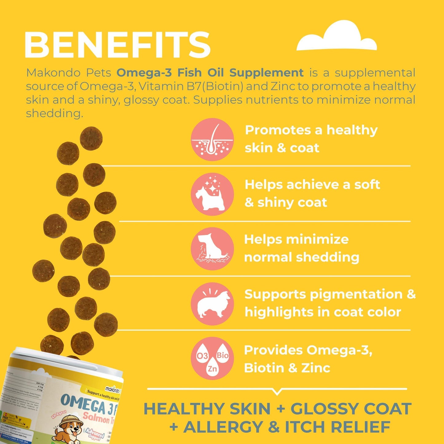 Makondo Pets Omega 3 Allergy, Itch and Hot Spots Relief, Skin and Coat Supplement for Dogs. Joint Health Support with EPA & DHA Fatty Acids Biotin.  120 Fish Oil Soft Chews for Shedding  Dogs with Salmon Oil For Pet With Love
