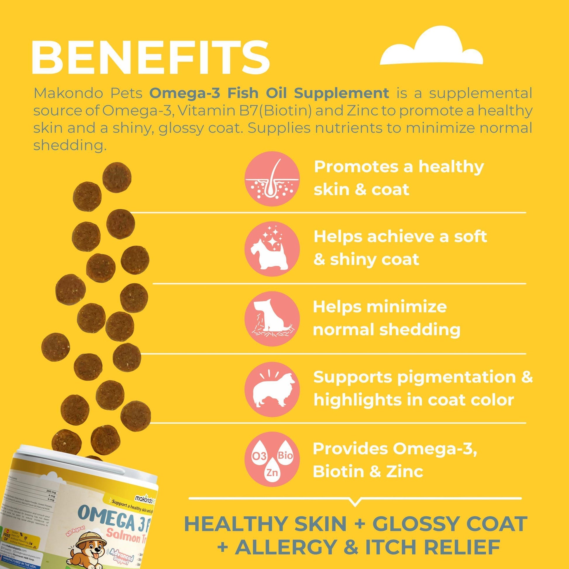 Makondo Pets Omega 3 Allergy, Itch and Hot Spots Relief, Skin and Coat Supplement for Dogs. Joint Health Support with EPA & DHA Fatty Acids Biotin.  120 Fish Oil Soft Chews for Shedding  Dogs with Salmon Oil For Pet With Love