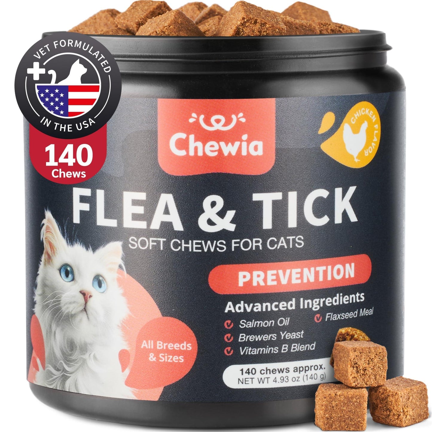 CHEWIA Daily Oral Cat Flea and Tick Treatment Chews for Cats. Natural Chicken Flavor  For All Breeds & Ages. 140 Chews