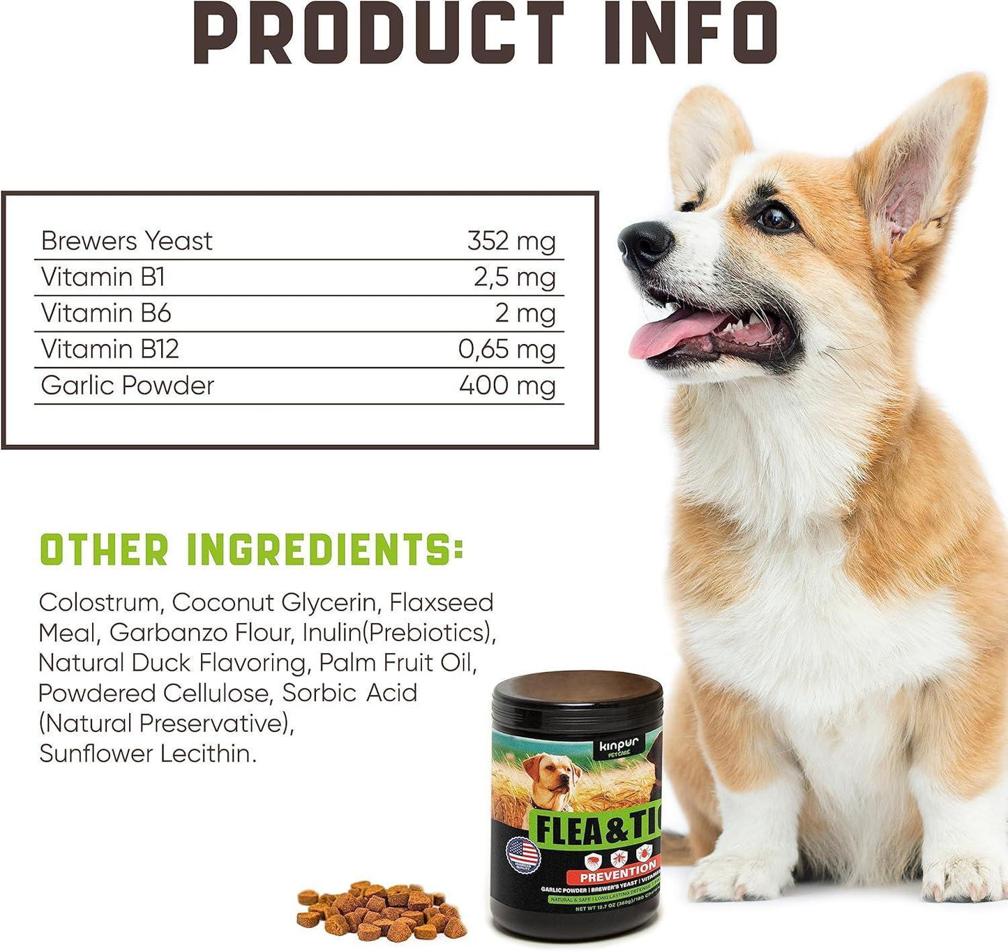 Kinpur Pet Care Flea and Tick Prevention Chewable Treatment for Dogs 180 Chews. Duck Flavor For Pet With Love