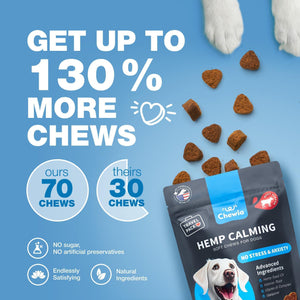 CHEWIA Hemp Calming Anxiety Support Chews for Dogs with Melatonin, Chamomile Extract, and Valerian Root. 70 Chews