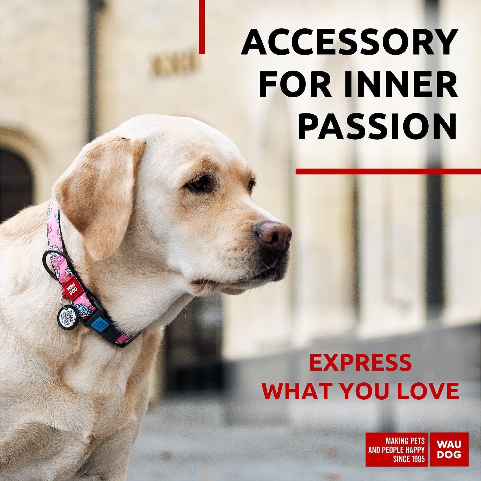 WAUDOG Adjustable Nylon Dog Collar with Durable Plastic Buckle and QR Dog Tag. XLARGE (Unicorns) For Pet With Love