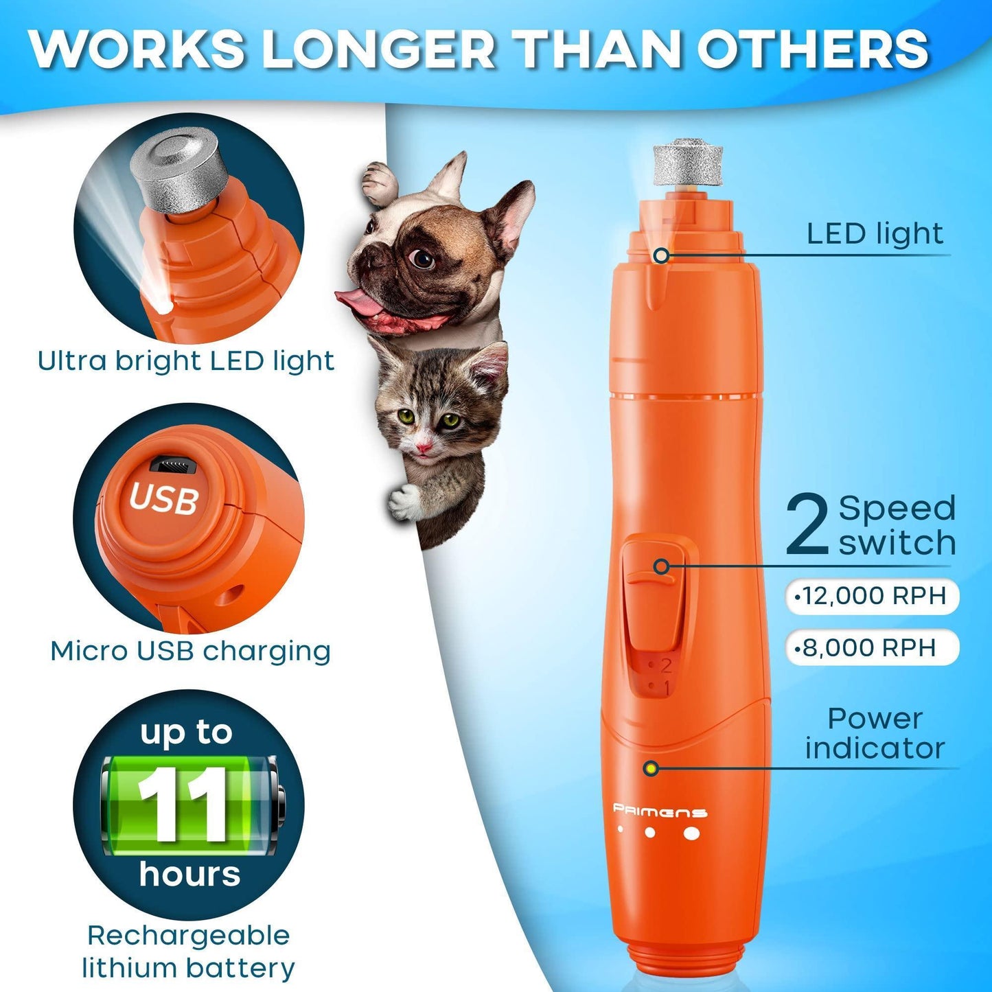 PRIMENS Rechargeable Dog Nail Grinder with LED Light (Orange) For Pet With Love