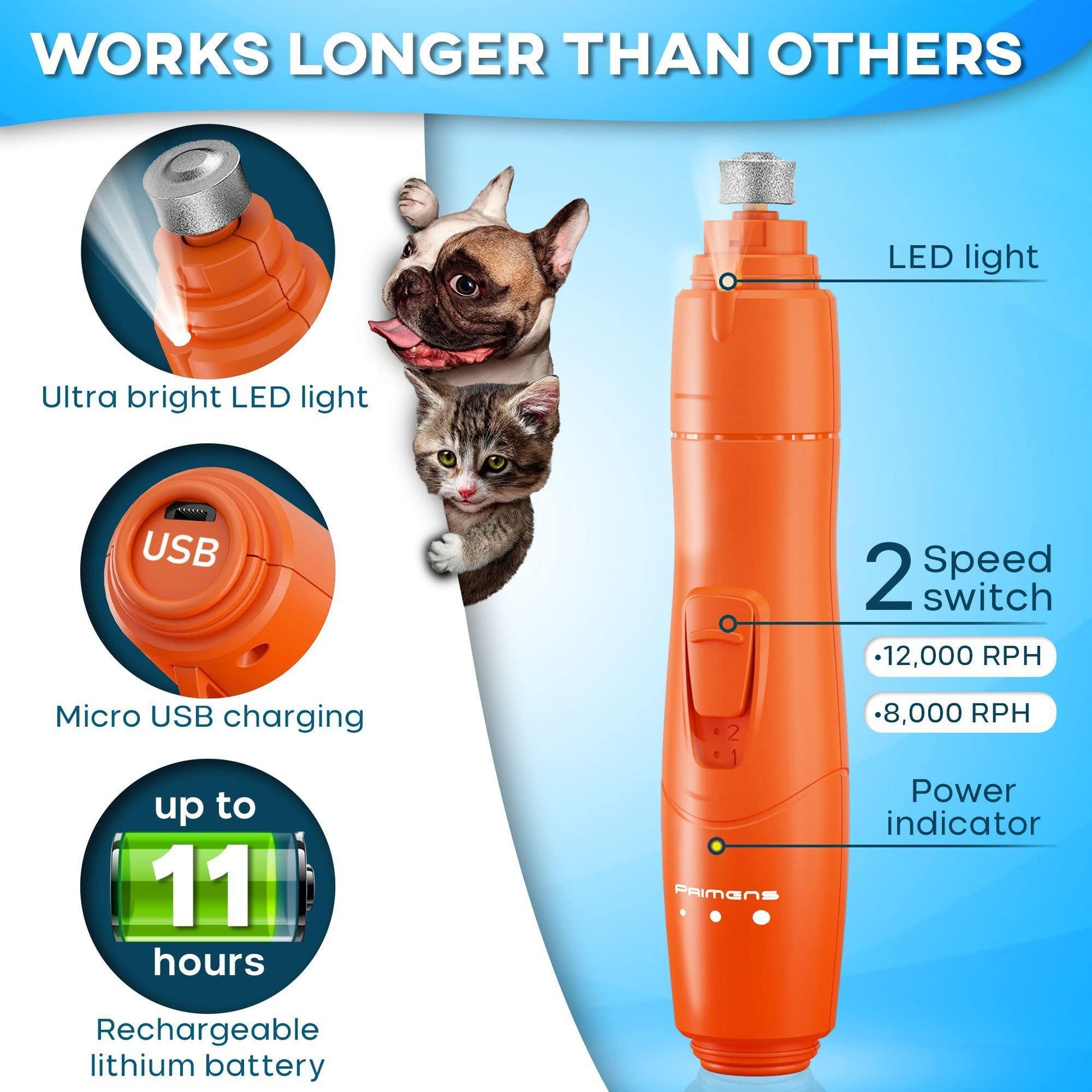 PRIMENS Rechargeable Dog Nail Grinder with LED Light (Orange) For Pet With Love