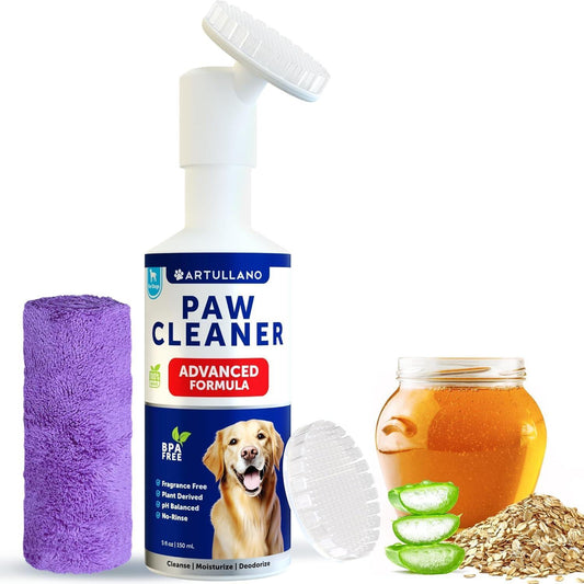 Artullano Paw Cleaner for Dogs Silicone Brush and 5fl Oz No Rinse Foaming Cleanser For Pet With Love