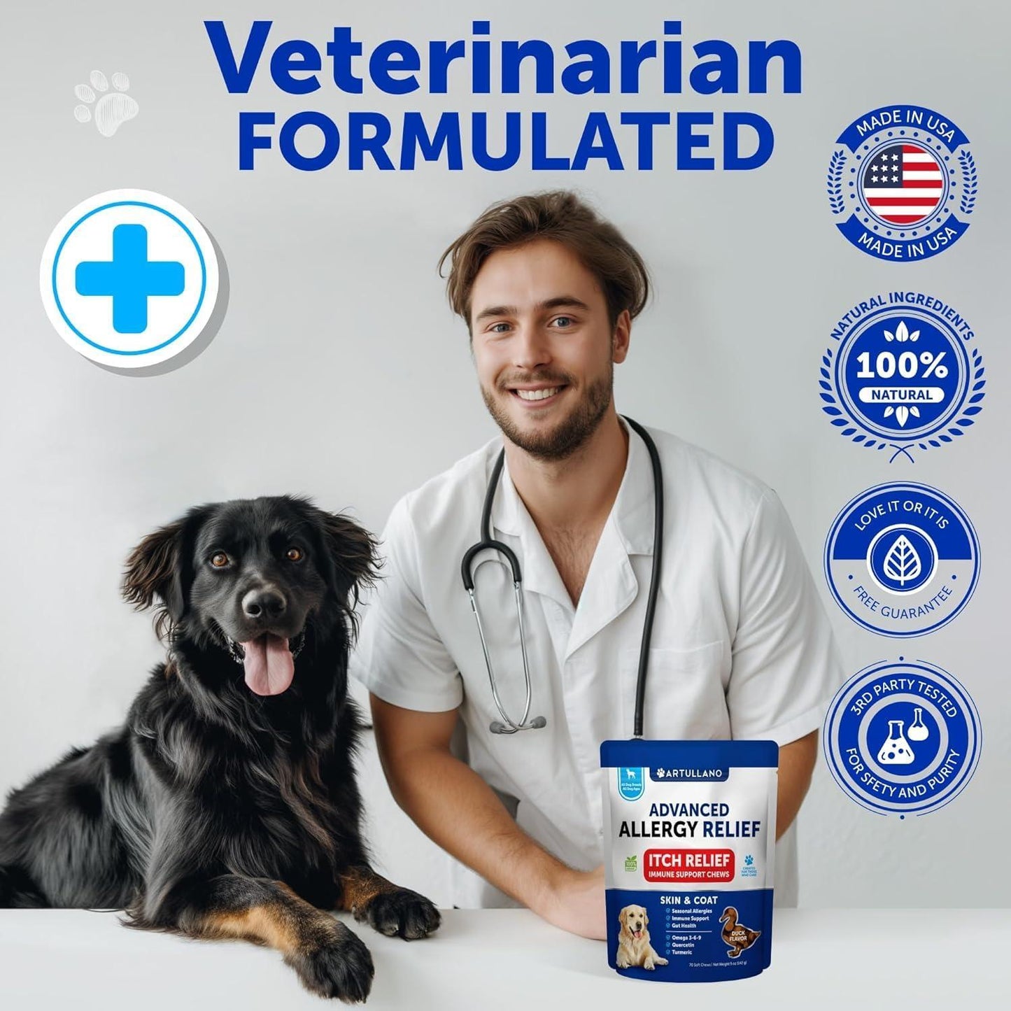 Artullano Dog Itching Skin & Coat Anti Itch, Hot Spots, and Allergy Relief Treatment. Immune Health Supplement for Dogs with Fish Oil and Omega 3. 70 Treats. Duck Flavor. For Pet With Love