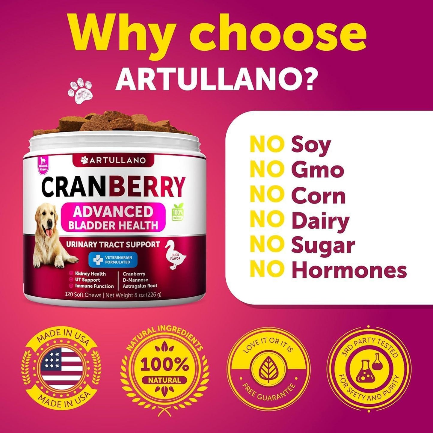 Artullano Cranberry Dog UTI Treatment & Bladder Control Supplement (120 Chews) For Pet With Love