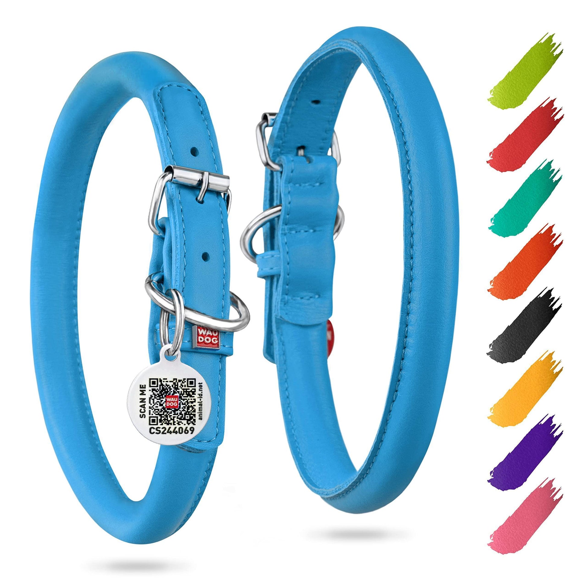 WAUDOG Ultra Soft Rolled Leather Dog Collar BLUE SMALL For Pet With Love