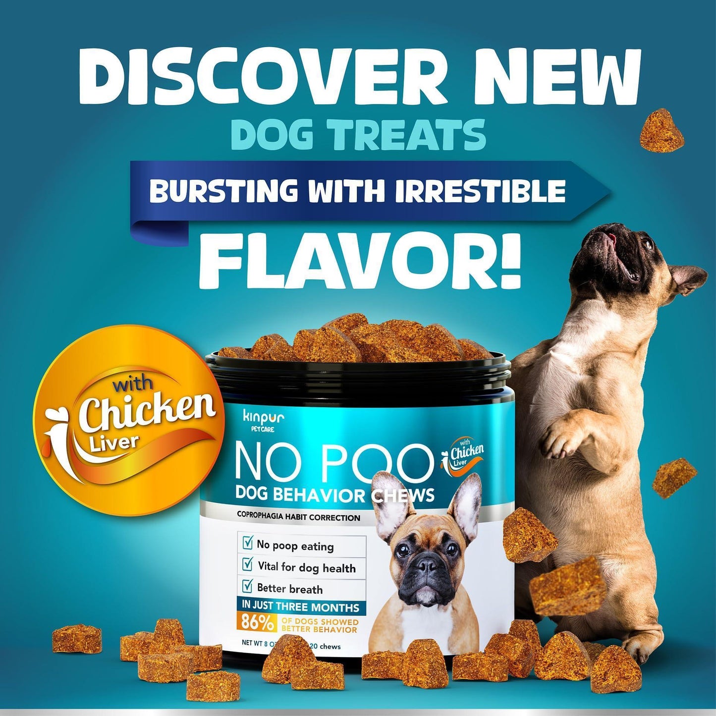 Kinpur Pet Care NO POO Chews for Dogs Probiotics and Digestive Enzymes, Bad Breath Support 180 Soft Chews For Pet With Love