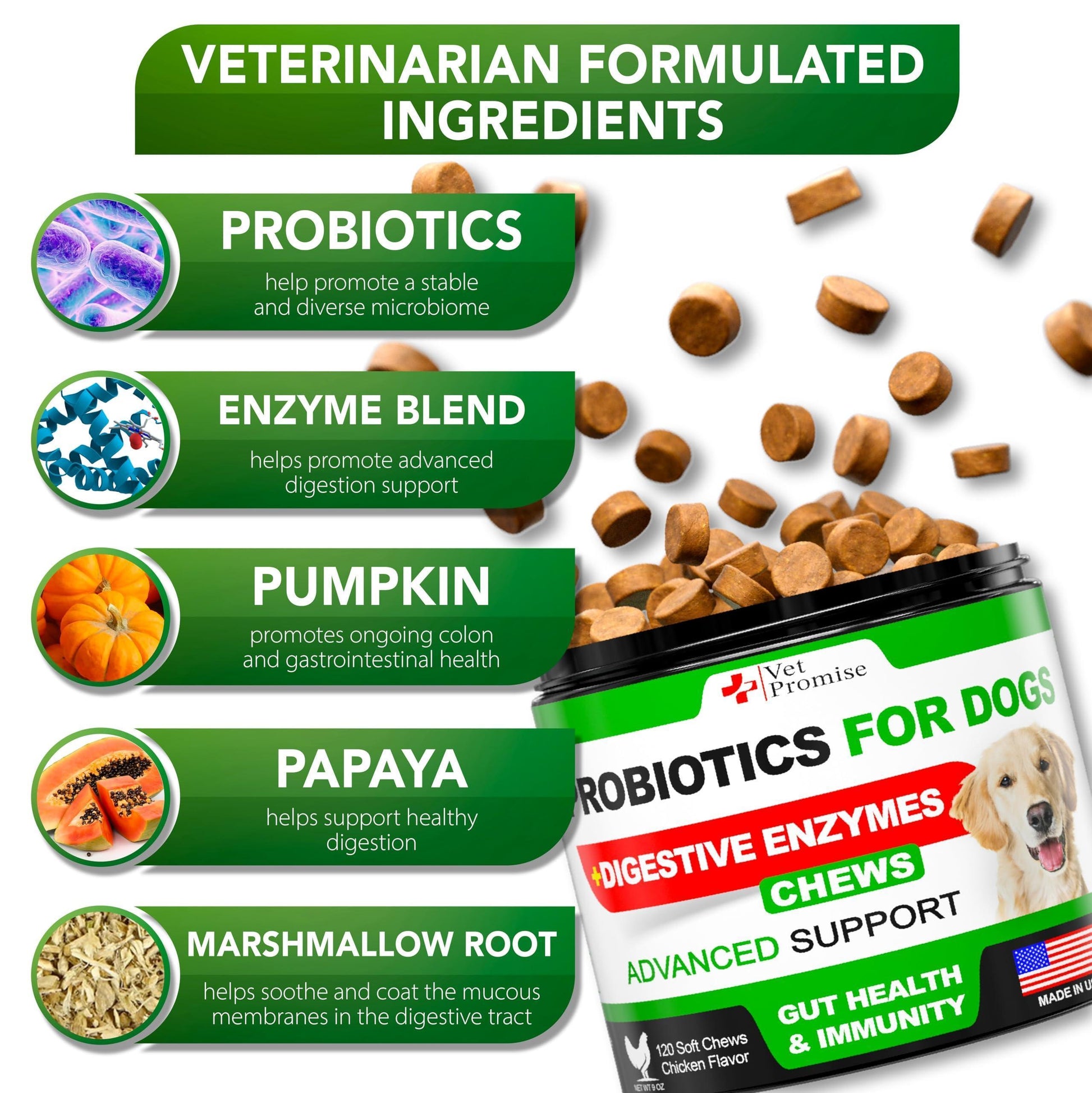 Vet Promise Dog Probiotics and Digestive Enzymes for Gut Health, Itchy Skin Allergies, Immunity Yeast Balance 120 Chews For Pet With Love