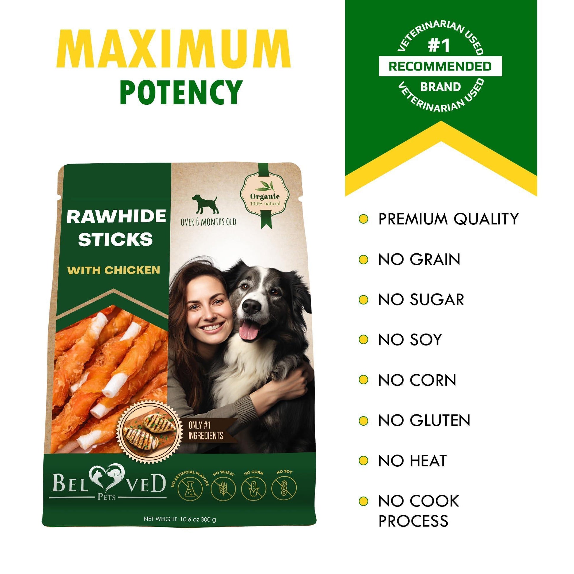 Beloved Pets Rawhide Sticks Wrapped with Chicken Natural Dog Treats 10.6 Oz For Pet With Love