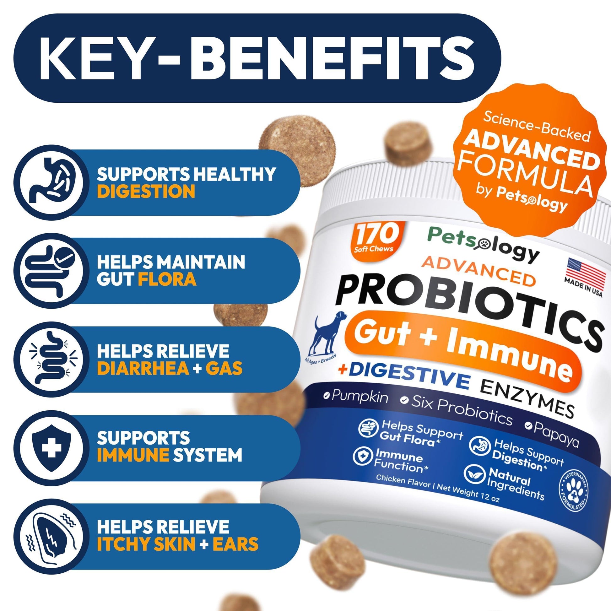 PETSOLOGY Digestive Enzymes & Prebiotics Supplement for Dogs 170 Chews For Pet With Love