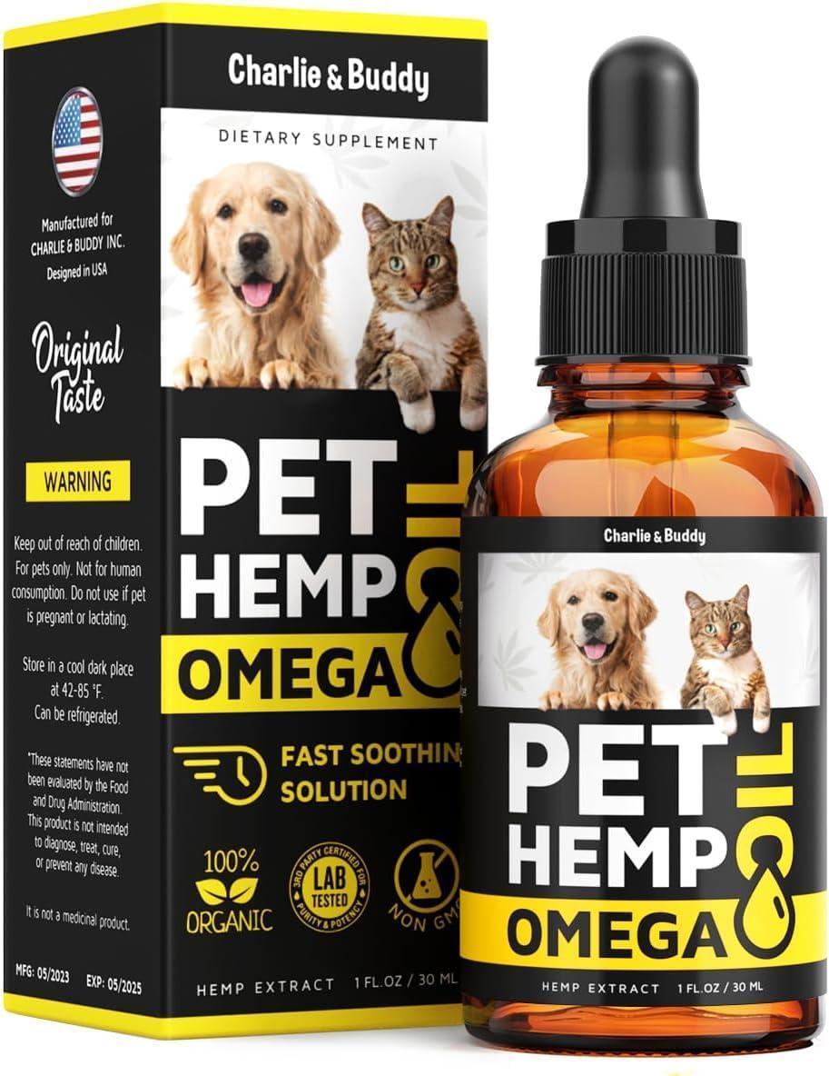 Charlie & Buddy Pet Hemp Oil for Dogs and Cats. Rich in Vitamins B and E. Pet Fish & Hemp Oil for Anxiety and Stress Relief For Pet With Love