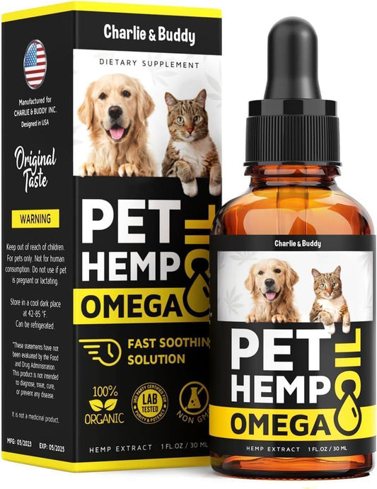 Charlie & Buddy Pet Hemp Oil for Dogs and Cats. Rich in Vitamins B and E. Pet Fish & Hemp Oil for Anxiety and Stress Relief For Pet With Love